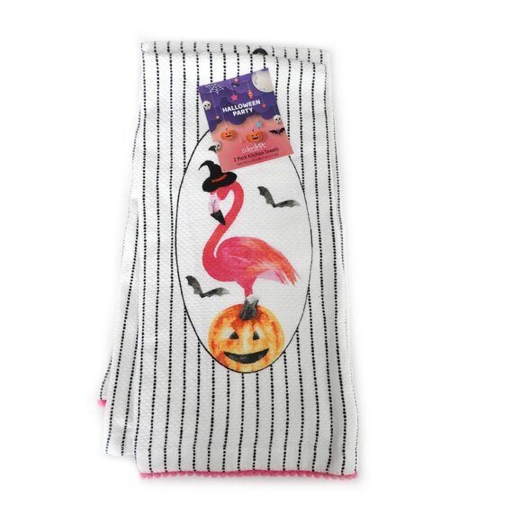 NWT Colordrift Halloween Flamingo Pumpkin Cotton Kitchen Towels Pack 2 Stripes - Picture 1 of 6